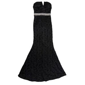 Vintage Black Sequin Lace Mermaid Gown Strapless Prom Dress Pearl Waist Detail